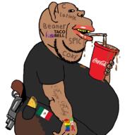 amerimutt arm beaner belly border_hopper brown_skin coca_cola coke cup drinking drinking_straw ear fat flag flag:lgbt_pride_flag flag:mexico froot gun hand holding_object jeans latinx latrino lips looking_at_you mcdonalds mexico meximutt mutt pocket poop red_shirt revolver side_profile spilled stubble subvariant:impish_amerimutt taco taco_bell text variant:impish_soyak_ears weapon wetback // 700x758 // 183.4KB
