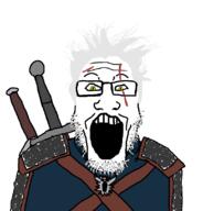 armor clothes geralt_of_rivia glasses hair open_mouth slit_pupils soyjak stubble sword the_witcher tv_(4chan) variant:markiplier_soyjak video_game white_hair witcher yellow_eyes // 1064x1108 // 151.8KB