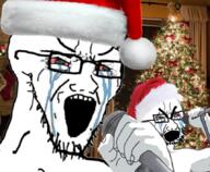 2soyjaks arm bloodshot_eyes christmas clothes crying glasses hand hat holding_object irl_background large_eyebrows microphone open_mouth santa santa_hat singing soyjak stretched_mouth stubble variant:classic_soyjak variant:cryboy_soyjak // 857x704 // 770.9KB