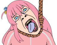 anime blue_eyes bocchi_the_rock clothes crying cube glasses gotou_hitori hanging open_mouth pink_hair rope soyjak tongue variant:bernd yellow_teeth // 2158x1713 // 476.2KB
