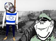 2soyjaks bergen_belsen bloodshot_eyes clothes concentration_camp crying ear flag full_body glasses hanging hat irl_background israel jew kippah large_nose nazi open_mouth payos piss rope smile soyjak star star_of_david stubble swastika tongue uniform variant:gapejak_front variant:impish_soyak_ears watch // 1772x1324 // 1.7MB