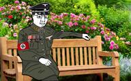 angry bench cap closed_mouth clothes glasses hat irl_background nazism sitting soyjak uniform variant:chudjak // 1509x934 // 420.1KB
