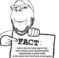 fact glasses hand holding_object janny pointing protest sign smile soybooru soyjak stubble text variant:gapejak // 673x667 // 82.8KB