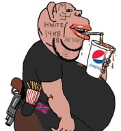 1488 amerimutt arm aryan belly black_pants black_shirt brown_skin cup drinking drinking_straw ear fat flag:confederate_states_of_america french_fries gun hand holding_object lips looking_at_you mcdonalds mutt nazism pepsi pocket poop revolver side_profile spilled stubble subvariant:impish_amerimutt swastika tattoo text variant:impish_soyak_ears weapon white // 700x758 // 180.3KB
