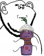 arm drink drinking drinking_straw ear fast_food food goyslop grimace grimace_shake hand holding_object mcdonalds milkshake soyjak straw stubble text variant:impish_soyak_ears // 1058x1362 // 444.6KB