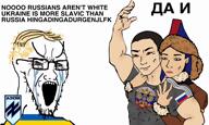 asian azov_battalion buff crying cyrillic_text flag:russia flag:ukraine hair mongolia music open_mouth red_eyes russia soyjak stubble text ukraine wojak yellow_hair // 848x512, 29.7s // 3.8MB