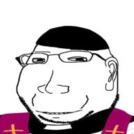 catholic christianity clothes ear eyelids glasses hat priest small_eyes smile soyjak stubble subvariant:massjak variant:wholesome_soyjak // 600x600 // 53.4KB