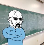 arm blackboard blue_shirt chalkboard clothes crossed_arms glasses irl_background open_mouth soyjak stubble subvariant:doctos teacher variant:soyak // 839x850 // 534.8KB