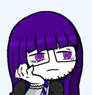 anime arm bernkastel bowtie closed_mouth clothes disappointed frown glasses hand purple_eyes purple_hair soyjak stubble umineko variant:unknown video_game // 300x310 // 22.7KB