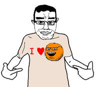 2soyjaks annoying_orange clothes happy heart i_love orange orange_(fruit) smile soyjak text tshirt variant:chudjak // 618x559 // 100.5KB