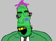 clothes discord furry glasses green_shirt green_skin mustache necktie open_mouth purple_hair scalie soyjak stubble suit tranny variant:parrotjak white_skin yellow_teeth // 850x619 // 68.9KB