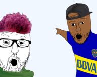 2soyjaks boca_juniors brown_skin cap clothes glasses hair hat nose_piercing open_mouth pink_hair pointing soyjak stubble text variant:two_pointing_soyjaks zoomer_hair // 750x593 // 252.7KB
