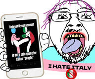 arm countrywar glasses hair hand holding_object i_hate i_love iphone italy lipstick mustache open_mouth phone pink_hair purple_hair safe_edgy soyjak soyjak_holding_phone stubble text tongue tranny twitter variant:bernd yellow_teeth // 6141x5089 // 4.6MB