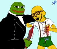 4chan animal arm blood bloodshot_eyes blue_background clothes crying dog ear frog full_body glasses hand janny knife leg murder open_mouth pepe push_pin shorts soyjak stab sticky stubble suit suspenders tshirt variant:classic_soyjak yellow_skin // 692x598 // 119.7KB