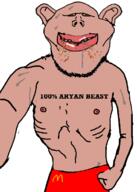 amerimutt arm brown_eyes brown_skin clothes dirty_mouth ear fist front_facing hand lips looking_at_you mcdonalds mutt nipple open_mouth red_pants selfie shirtless skinny smile soyjak stubble subvariant:impish_amerimutt subvariant:impish_front tattoo text variant:impish_soyak_ears // 526x736 // 47.5KB
