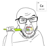 alkali_earth_metal angry calcium chemistry clenched_teeth element glasses hand soyjak stubble text toothbrush variant:feraljak // 703x679 // 119.5KB