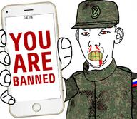 angry arm ban camouflage clenched_teeth closed_mouth clothes ear flag hand hat holding_object holding_phone iphone military phone red_eyes russia soyjak text thrembo variant:kuzjak yellow_teeth // 680x593 // 398.0KB