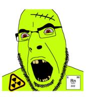 angry bloodshot_eyes chemistry element glasses green_skin large_eyebrows noble_gas open_mouth radioactive radon red_eyes soyjak stubble variant:cobson zombie // 538x604 // 102.5KB
