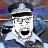 angry australia australian clothes glownigger irl_background mustache open_mouth police police_hat soyjak stubble variant:feraljak // 1138x1138 // 911.2KB
