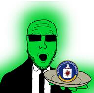 animal arm bald_eagle central_intelligence_agency clothes eagle glasses glowie glowing green_skin holding_object holding_plate logo looking_at_you necktie open_mouth plate soyjak stubble suit sunglasses text variant:platejak // 1366x1350 // 316.5KB