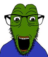 blue_shirt clothes frog glasses green_skin lips no_nose open_mouth pepe soyjak stubble variant:dylanjak // 552x650 // 29.4KB