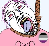 asexual beard bloodshot_eyes clothes crying hair hanging makeup nsfw open_mouth owo purple_hair rope soyjak tongue tranny variant:bernd // 755x716 // 91.8KB