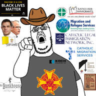 arm black_lives_matter catholic christianity clothes cowboy_hat cross deus_vult flag glasses hair hand hat koch mustache open_mouth pointing pointing_at_viewer soyjak text variant:unknown // 800x800 // 222.0KB