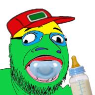 baby bottle clothes colorful deformed glasses hat open_mouth pacifier sneed soyjak stubble variant:fatjak // 1175x1174 // 1020.4KB