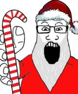 arm beard christmas clothes glasses hand hat holding_object open_mouth santa santa_hat soyjak variant:markiplier_soyjak white_hair // 552x664 // 334.5KB