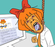 2soyjaks angry bloodshot_eyes board bowtie cartoon closed_mouth clothes computer crying freckles full_body glasses hand hanging mymy necktie noose ongezellig open_mouth orange_hair orange_skin rope screenshot skirt soyjak soyjak_party subvariant:chudjak_front suicide text tongue variant:bernd variant:chudjak website yellow_teeth // 1759x1500 // 914.9KB