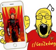 anime antenna arm asian china closed_eyes clothes communism hand holding_object leftypol open_mouth phone reddit small_eyes soyjak star tshirt variant:markiplier_soyjak xi_jinping yellow yellow_skin // 1016x900 // 754.7KB