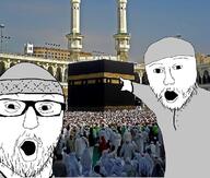 2soyjaks arm building clothes glasses hand hat irl_background islam kaaba mustache open_mouth pointing soyjak stubble taqiyah variant:two_pointing_soyjaks // 748x636 // 547.9KB