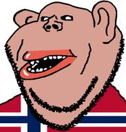 amerimutt brown_skin clothes country ear flag flag:norway lips mutt norway open_mouth red_shirt soyjak stubble subvariant:impish_amerimutt variant:impish_soyak_ears // 598x628 // 17.9KB