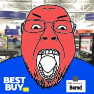 angry badge best_buy blue_shirt glasses id_card irl_background open_mouth red_face red_skin soyjak store stubble variant:bernd // 1024x1024 // 727.7KB