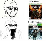 arm binary_domain concerned frown gears_of_war glasses hand hands_up japan open_mouth soyjak soyjak_comic stubble text thing_japanese variant:classic_soyjak variant:wewjak video_game xbox // 680x613 // 356.2KB