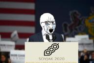 bloodshot_eyes clothes country crying flag glasses microphone open_mouth soyjak stubble suit text united_states variant:soyak vote // 1160x773 // 634.6KB