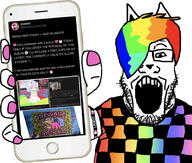 4lung arm clothes colorful colorful_hair fangs furry glasses hand holding_object holding_phone open_mouth phone scene soyjak sparkledog stubble subvariant:phoneplier subvariant:phoneplier_vertical tranny twitter variant:markiplier_soyjak // 1739x1480 // 1.2MB