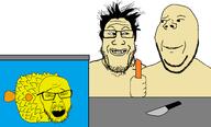 3soyjaks animal are_you_soying_what_im_soying asian black_eyes carrot fish fish_tank food full_body glasses hair hand holding_object knife looking_at_each_other mustache open_mouth puffer_fish sad small_eyes smile soyjak stubble tail variant:feraljak variant:markiplier_soyjak variant:wholesome_soyjak yellow_eyes yellow_skin // 2192x1328 // 181.7KB