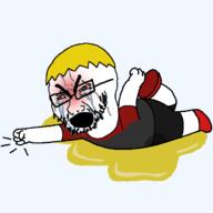 angry animated bloodshot_eyes clothes crying fist full_body glasses hair nate open_mouth piss soyjak stubble tantrum urine variant:soyak yellow_hair // 700x700 // 128.1KB