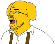 angry clothes collared_shirt dog ear glasses janny lips mustache open_mouth overalls snout soyjak stubble suspenders teeth thick_eyebrows variant:crossjak yellow_skin // 1500x1200 // 219.7KB