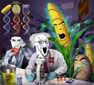 arm closed_eyes corn crying doctor glasses gmo grey_hair hand irl mustache open_mouth potato science soyjak syringe variant:chudjak variant:cobson variant:soyak // 636x575 // 658.1KB