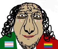 bbc brown_eyes brown_skin closed_mouth communism eyebags flag gay glasses hair hammer_and_sickle italy lgbt smile soyjak stubble text tranny variant:bernd // 2000x1682 // 349.8KB