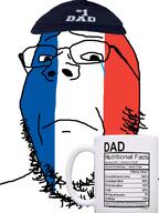 cap closed_mouth clothes crying cup father flag france frown glasses hat mug soyjak stubble text variant:gapejak // 600x800 // 166.4KB