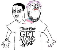 2soyjaks alternate angry arm closed_mouth clothes flag frown get_along_shirt glasses hair hand looking_at_each_other mustache painted_nails purple_hair soyjak stubble text tranny tshirt variant:chudjak variant:gapejak watch // 1182x1030 // 162.0KB