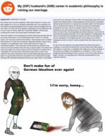angry beaten_wife blood closed_mouth clothes concerned frown germany glasses hat hegel history lederhosen philosophy reddit screenshot soyjak stubble text variant:soyak woman // 1470x1913 // 1.8MB
