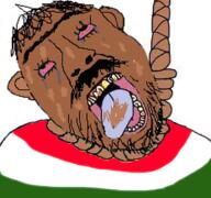 brown_skin clothes dead ear flag hair hanging hungary mustache one_eyebrow open_mouth poop redraw rope soyjak stubble suicide tongue variant:gapejak_front // 483x452 // 282.0KB