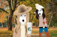 2soyjaks arm autumn clothes female glasses hair hand hat holding_object makeup open_mouth pointing soyjak starbucks_coffee variant:two_pointing_soyjaks yellow_hair // 1280x822 // 2.2MB