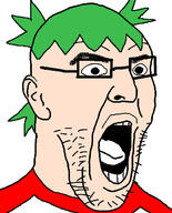 4chan anime ear glasses green_hair hair open_mouth soyjak stubble variant:imhotep yotsoyba // 529x655 // 120.1KB