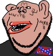 1488 amerimutt bald black_shirt brown_skin clothes confederate ear flag looking_to_the_left nazism open_mouth stubble swastika text tshirt variant:impish_soyak_ears // 598x628 // 41.4KB