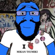 anime arm badge balding beard blue_skin button calm closed_mouth clothes danganronpa glasses happy heart nurse poster room smile soyjak stubble subvariant:science_lover text thick_eyebrows tsumiki_mikan variant:markiplier_soyjak video_game // 1032x1033 // 937.4KB